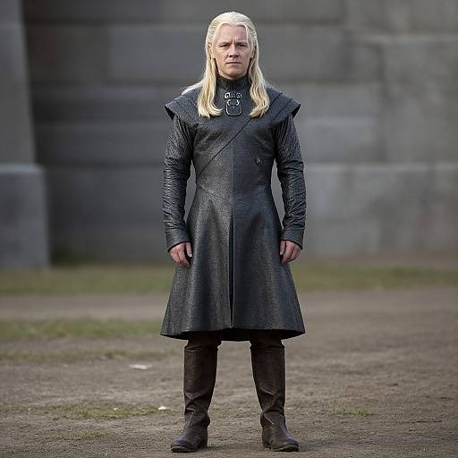 Photograph of a stern-looking man with long blonde hair, wearing a black, textured long coat, black pants, and boots, standing in front of