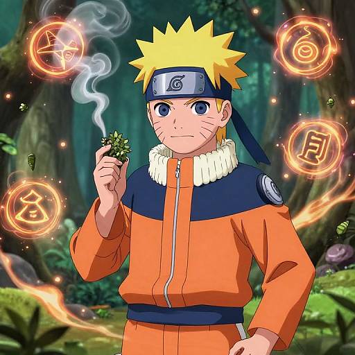 Digital anime-style drawing of Naruto holding a smoke-emitting leaf, wearing orange ninja outfit, blue headband, forest background with glowing symbols.