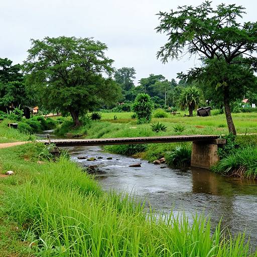 Photograph of a rustic wooden bridge spanning a calm, grassy river in a lush, green forest clearing with tall trees.