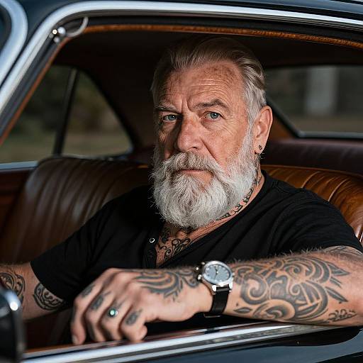Photograph of an older white man with a white beard, tattoos, and black shirt, seated in a brown leather car, looking intently forward.