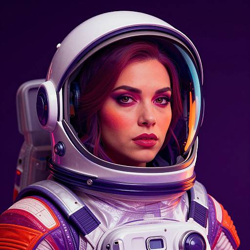 Photorealistic digital portrait of a young woman with fair skin and red lipstick, wearing a silver space suit with a reflective helmet, against a dark purple