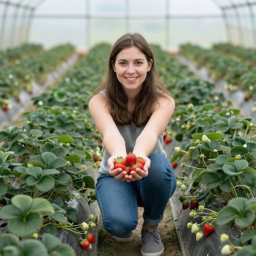 Woman Harvesting Strawberries in Greenhouse