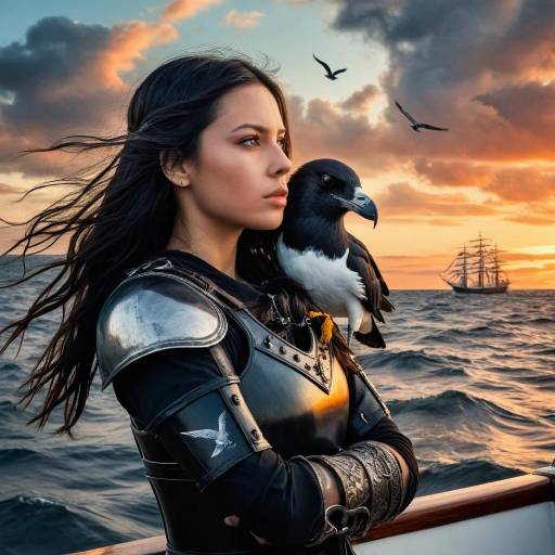 Woman Knight with Falcon on Boat at Sunset