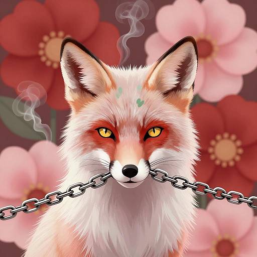 White Fox Holding Chain with Floral Background