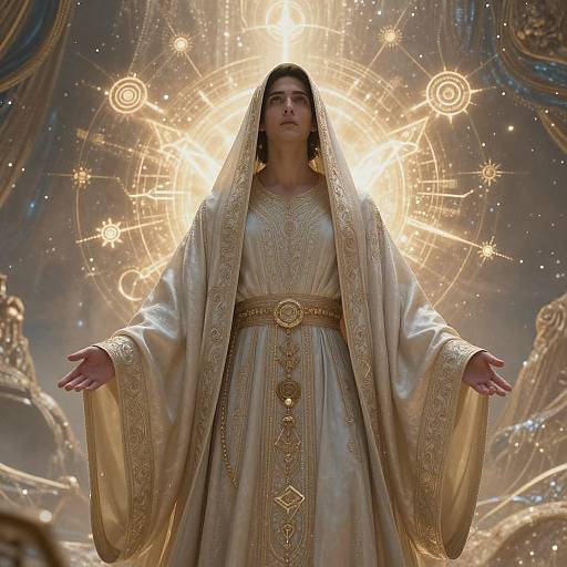 Digital artwork of a serene woman in an ornate, golden robe with a radiant halo, standing with arms outstretched, in a celestial, star