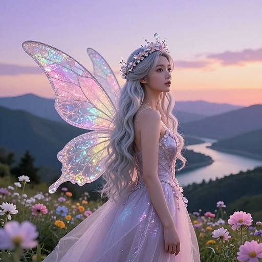 Photograph of a fair-skinned fairy with long silver hair, sparkling wings, and a flower crown, in a pastel dress, standing in a