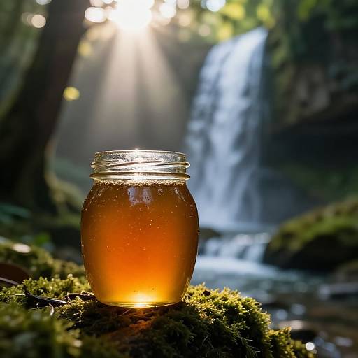 Jar of Honey in Forest with Waterfall