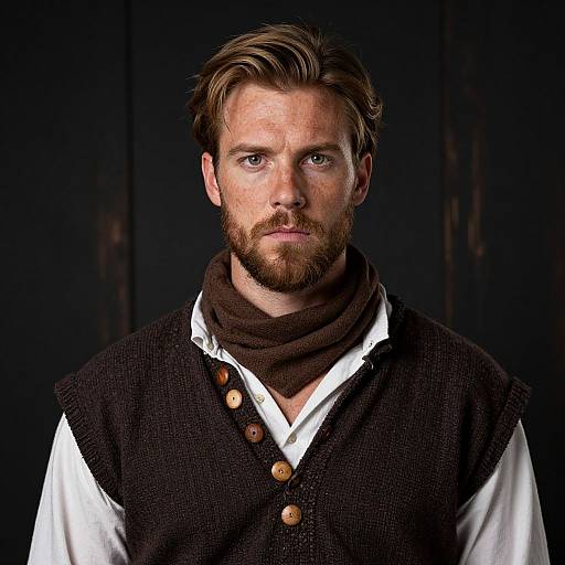 Photograph of a serious, bearded white man with light brown hair, wearing a black vest over a white shirt, and a brown scarf, against