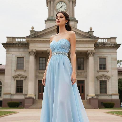 Slim Woman in Blue Gown Vintage Courthouse