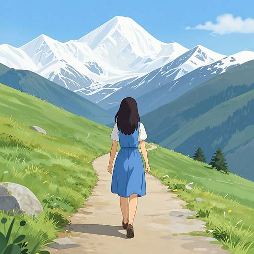 Anime Woman Hiking Scenic Mountain Path