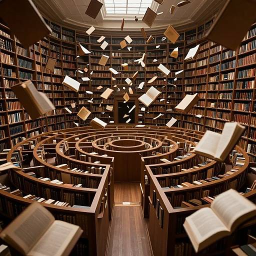 Photograph of a grand library with circular wooden bookshelves filled with books, books floating in mid-air, warm light from skylight.