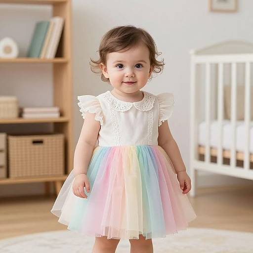 Photograph of a cute toddler girl with curly brown hair, wearing a white lace top and pastel rainbow tulle skirt, standing in a bright,