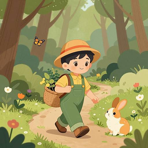 Boy Walking in Forest with Rabbit