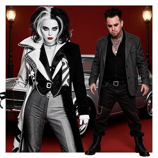 Digital drawing of a punk-style couple; woman in black-and-white striped suit, white hair, red lipstick; man in black jacket, jeans, spiked