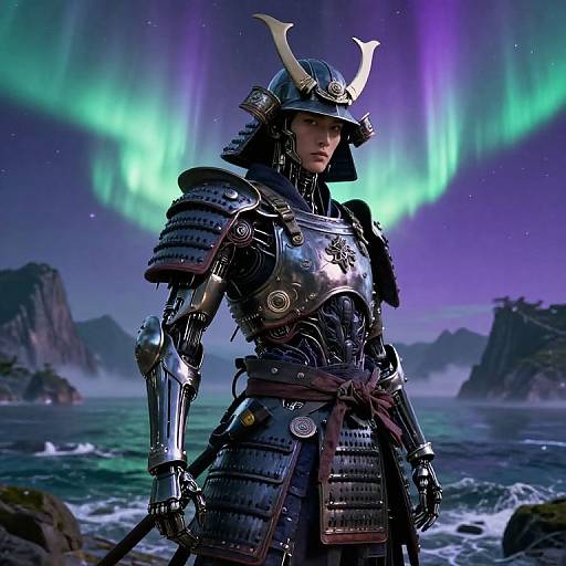 Digital artwork of a samurai warrior in shiny, detailed armor with horned helmet, standing under vibrant green and purple aurora borealis, with rocky