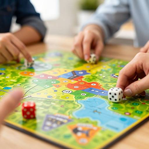 Photograph of two hands placing dice on a colorful, detailed board game map with green, blue, and orange sections.