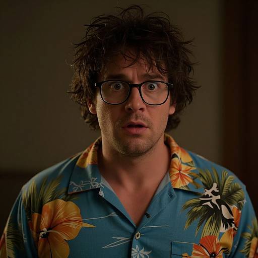 Photograph of a man with messy dark hair, black glasses, and blue floral shirt, looking surprised, dimly lit background.