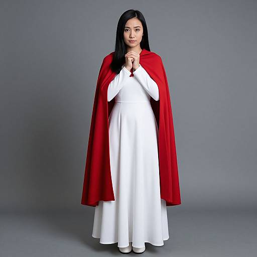 Photograph of a woman with long black hair, wearing a red cape over a white dress, standing against a gray background.