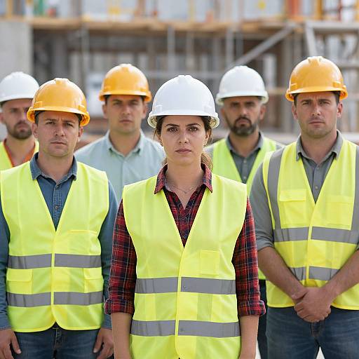 Photograph of six construction workers, five men and one woman, wearing yellow and white hard hats, bright yellow safety vests, and casual shirts, standing