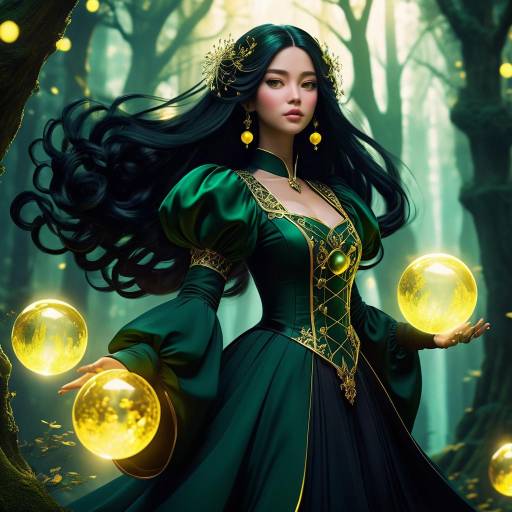 Enchantress in Forest with Glowing Orbs