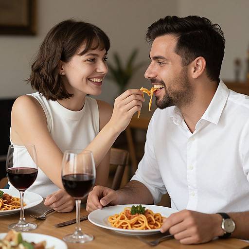 Photograph of smiling couple, woman with short brown hair in white sleeveless top, man with dark hair and beard in white shirt, eating spaghetti at