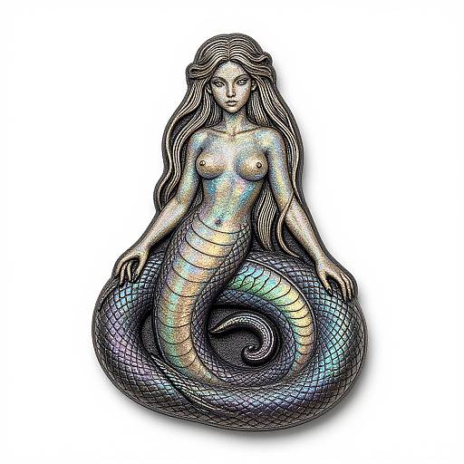 Digital drawing of a mermaid with long wavy hair, shimmering iridescent scales, and a serpent-like tail, standing against a white background