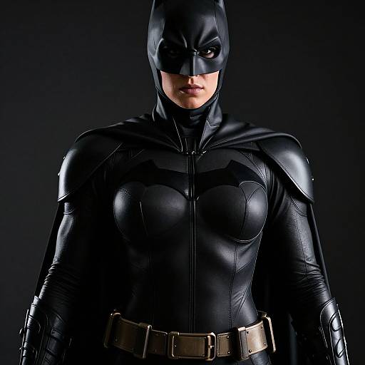 Photograph of Batman in a sleek, black leather suit with a bat emblem, wearing a black cowl and intense expression, against a dark background.