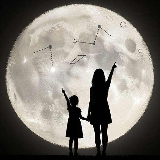 Silhouetted children pointing at constellation on full moon, digital art. Large, bright moon dominates background, creating a night-time scene.