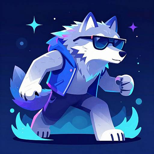 Digital illustration of a cool, anthropomorphic white wolf with blue highlights, wearing sunglasses, a blue vest, and black shorts, running with blue energy waves
