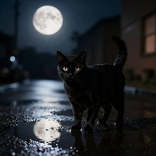 Noir Cat Beneath Moonlit Puddles