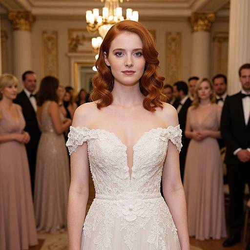 Photograph of a fair-skinned redheaded woman in an off-shoulder, lace white wedding dress, standing in an elegant, warmly lit ball
