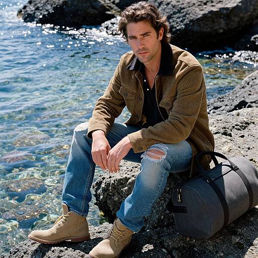Photograph of a handsome, dark-haired man with rugged features, wearing a brown jacket, ripped jeans, and tan boots, sitting on rocky shore by