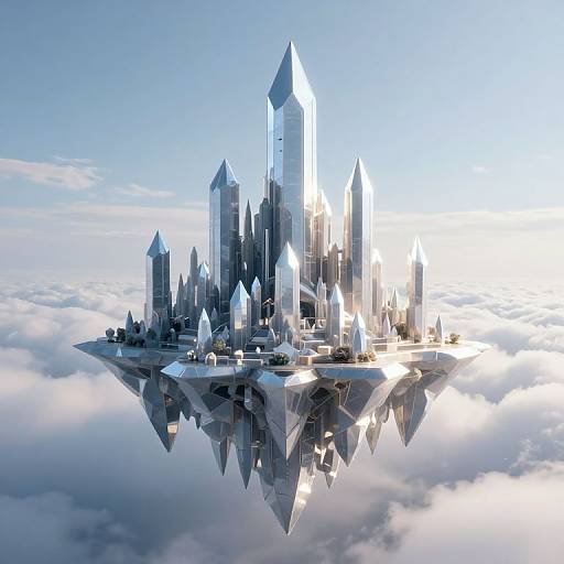 Photorealistic CGI of a futuristic, crystal-like city floating above a sea of clouds, reflecting perfectly on the ethereal surface below.