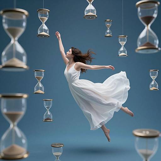 Photograph of a barefoot, dark-haired woman in a flowing white dress, mid-jump among suspended, transparent hourglasses against a blue gradient