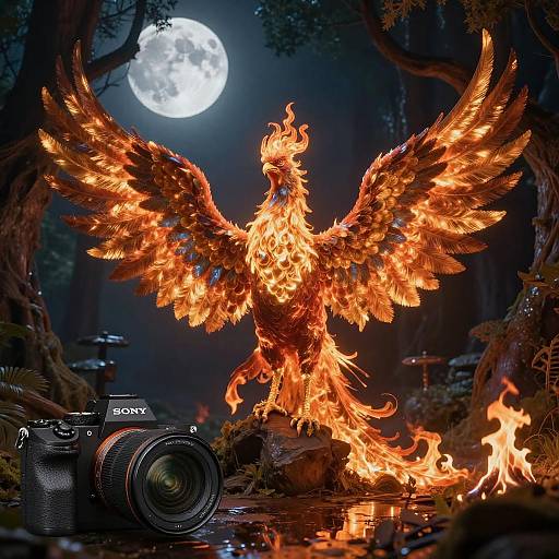 Sapphire Phoenix in Moonlit Forest