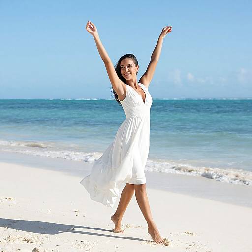 Photograph of a smiling woman with dark hair in a flowing white dress, arms raised, standing on a sunny beach with turquoise ocean and clear blue sky