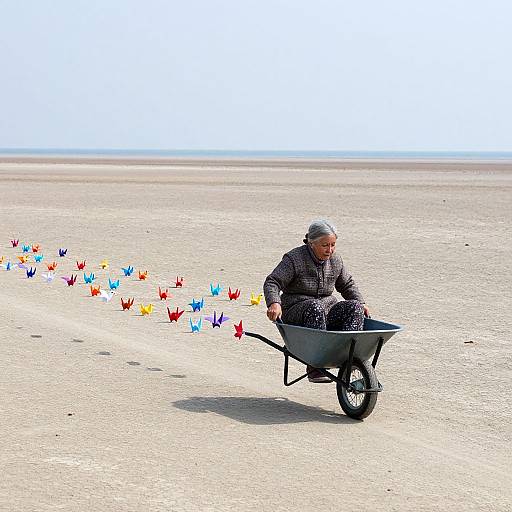 Photograph of an elderly man with gray hair and checkered shirt pushing a wheelbarrow, scattering colorful paper butterflies across a vast, empty beach.