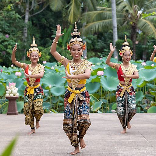 Three smiling Indonesian dancers in colorful traditional attire with gold accessories, performing on a stone path with large green lily pads and palm trees in the background.