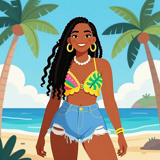 Vibrant Caribbean Woman Beach Illustration