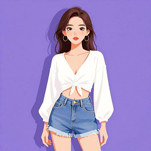 Digital anime-style drawing of a young woman with long brown hair, wearing a white tied-knot blouse and blue denim shorts, against a solid purple background