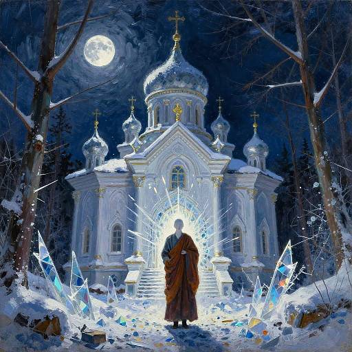 Digital painting of a robed monk standing in a snow-covered forest at night, illuminated by glowing crystals, in front of a luminous, white Orthodox