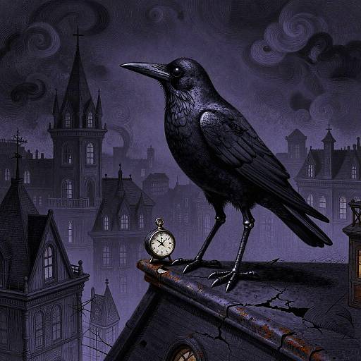 Digital illustration of a black crow perched on a rooftop, with a glowing clock below, against a dark, gothic cityscape.