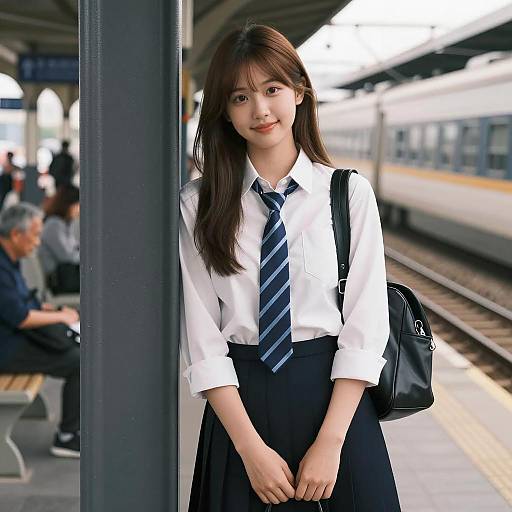Asian Schoolgirl at Train Station