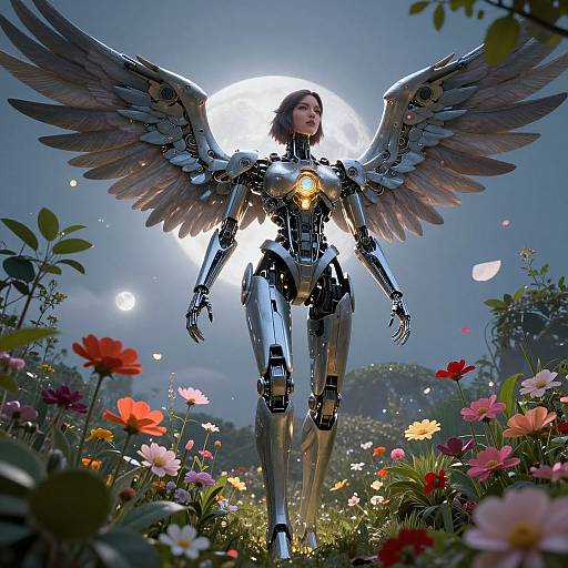Digital art of a robotic angel with metallic wings standing in a vibrant, flower-filled meadow under a bright, full moon.