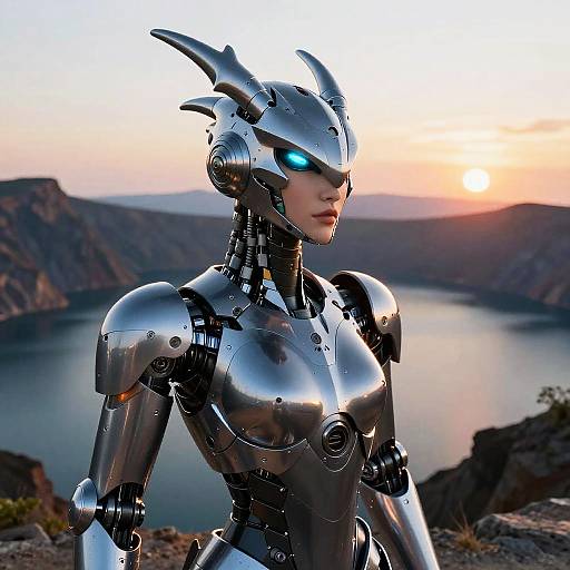 Photorealistic CGI of a silver, horned, cybernetic female robot with glowing blue eyes, standing by a sunset-lit lake with rocky