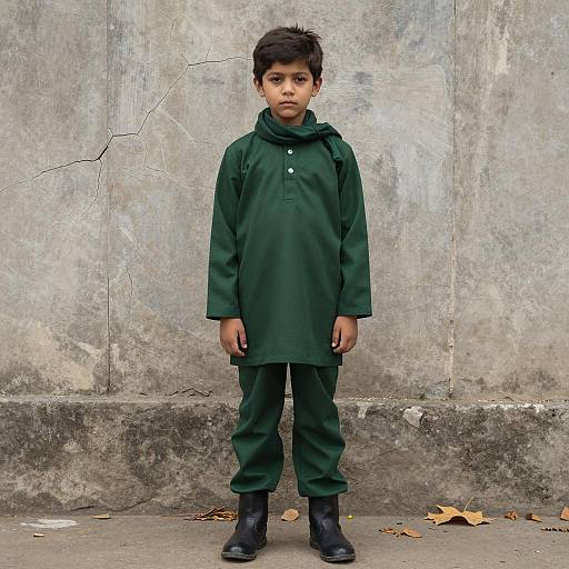 Boy in Traditional Green Outfit by Stone Wall