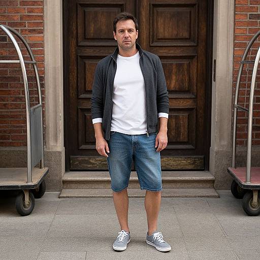 Photograph of a medium-built man with short brown hair, wearing a black cardigan, white t-shirt, denim shorts, and white sneakers, standing