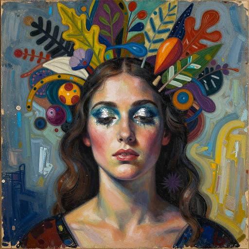 Vibrant digital painting of a woman with blue eyeshadow, colorful leafy headdress, and wavy brown hair, set against a swirling
