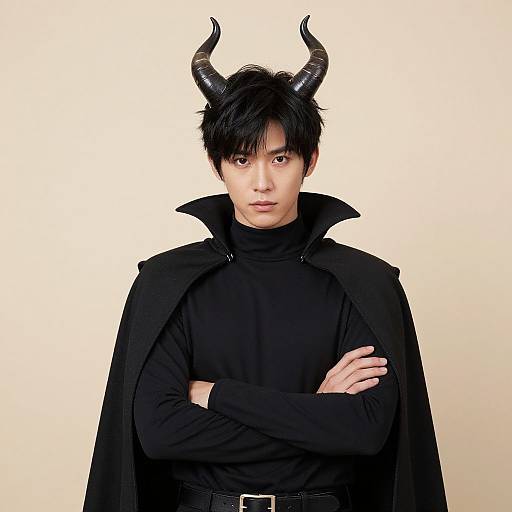 Photograph of an East Asian man with black horns, black hair, and a black cape over a high-collared black shirt, standing with arms
