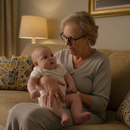 Photograph of an elderly woman with short gray hair, glasses, and gray sweater, holding a baby in a white outfit on a beige sofa with pattern